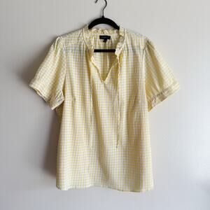 Tamara H Yellow + White Gingham Ruffle Trim Notch Neck Short Sleeve Blouse - 2X